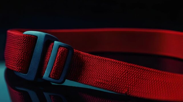 A close-up shot of a bright red belt lying on a table, suitable for use in fashion or design contexts