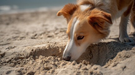 Curious Border Collie Mix Sniffing Sandy Beach Hole