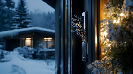 Snowy winter evening, home entrance decorated for Christmas, illuminated interior visible