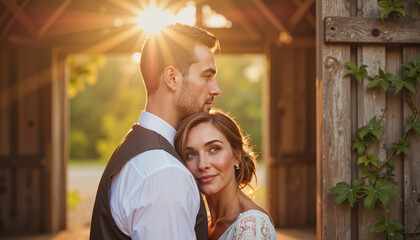 Bride gazing lovingly at groom in rustic barn, wedding bliss
