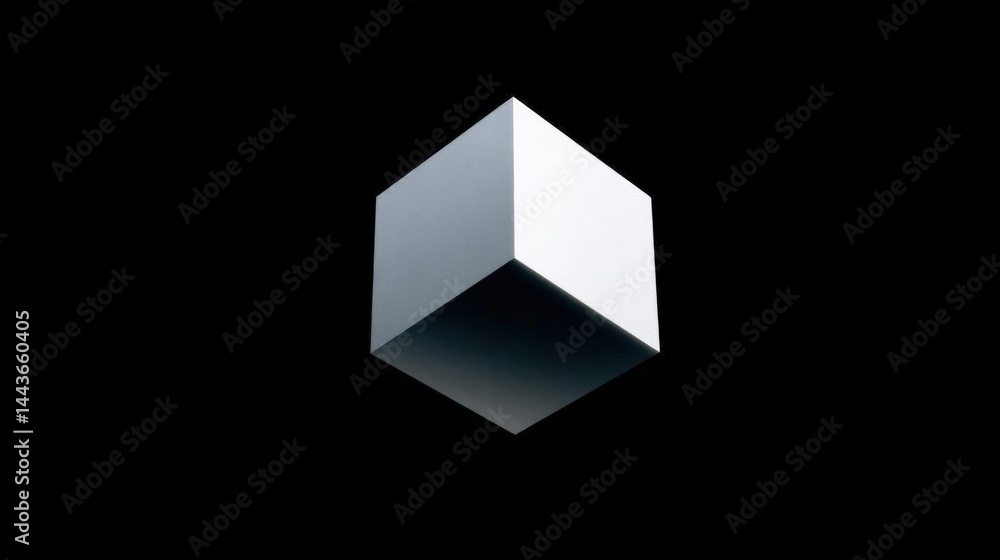 Poster black background with a white cube in the center. the cube is made up of three equal parts, with the