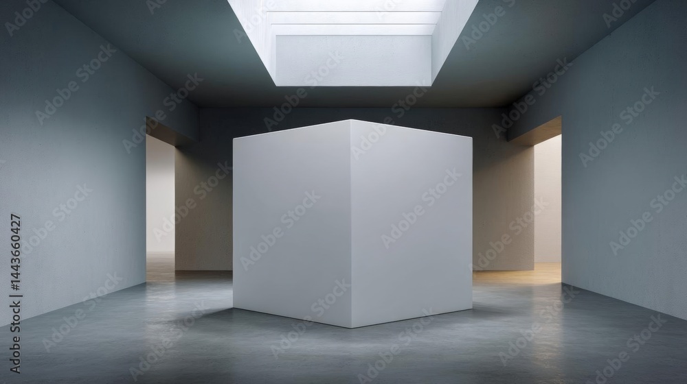 Poster empty room with a skylight above it. the room has a concrete floor and walls, and there are two larg