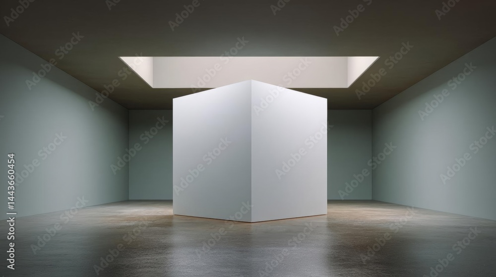 Poster empty room with a large white cube in the center. the cube is standing upright and appears to be mad