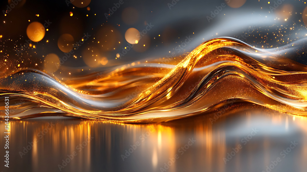 Poster abstract golden flowing wave with sparkling particles and reflections,elegant and luxurious backgrou