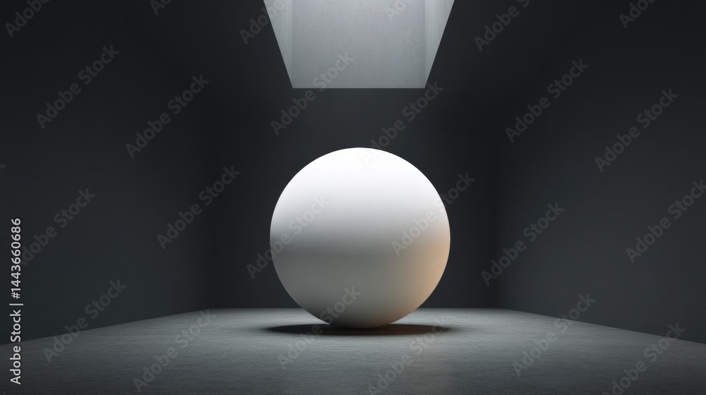 Poster white sphere in the center of a dark room. the sphere is spherical and appears to be made of a smoot