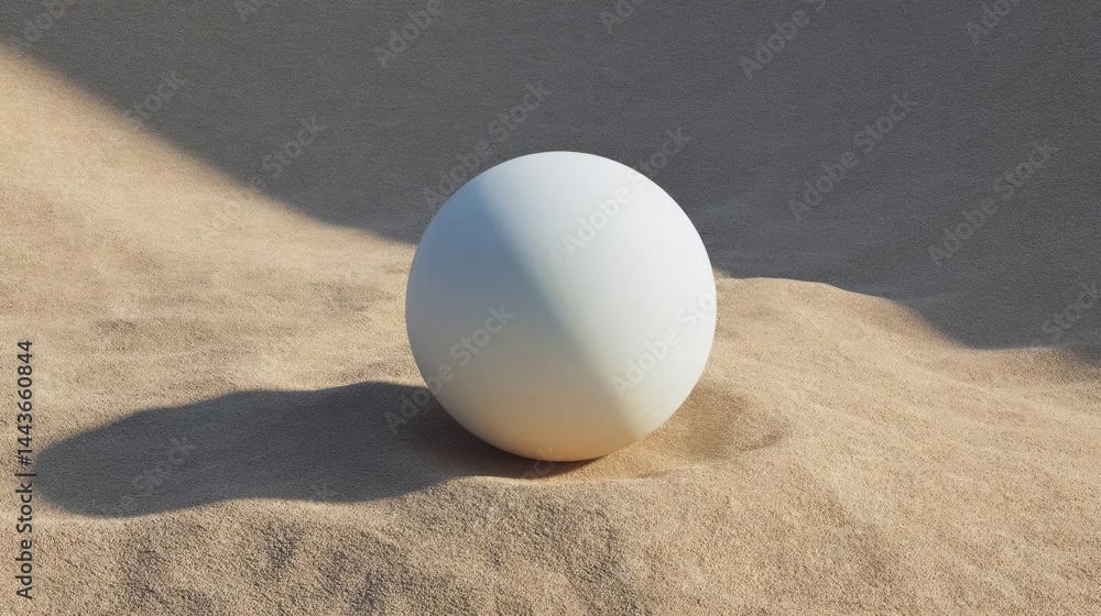 Poster single white sphere lying on a sandy surface. the sphere appears to be spherical in shape and is pos