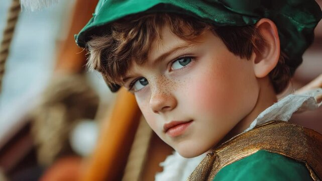 A young boy wearing a green hat and matching shirt, standing in a simple background