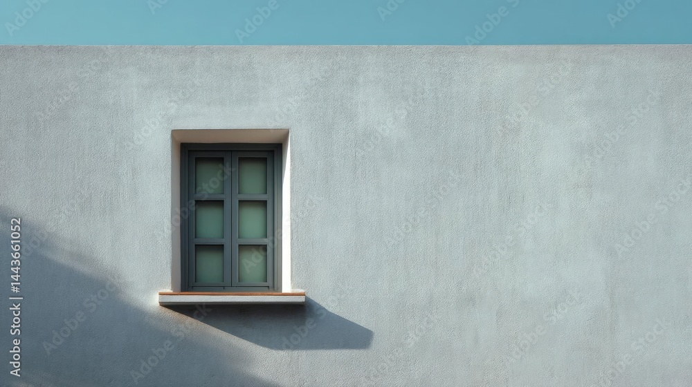 Poster small window on the side of a building. the window is rectangular in shape and has a white frame wit