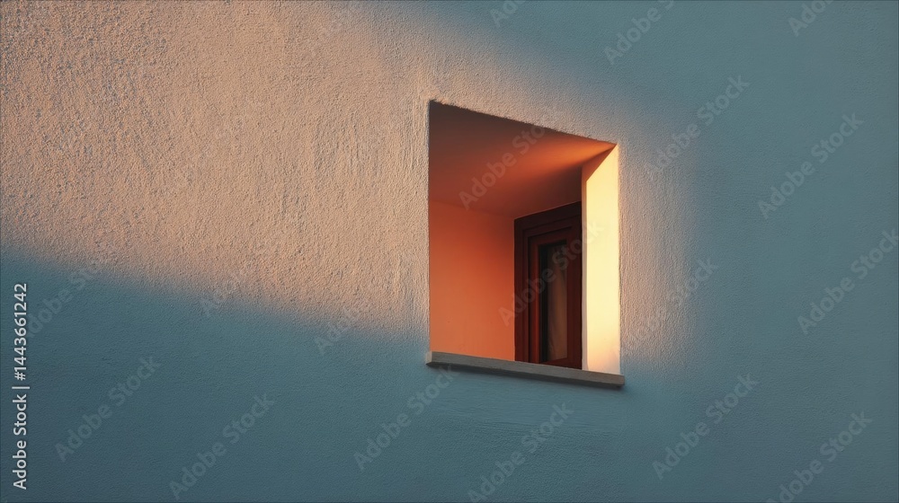 Poster small window in the corner of a wall. the window is rectangular in shape and has a white frame.