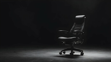 Black ergonomic office chair in dark room, spotlight, workspace setup, website product image