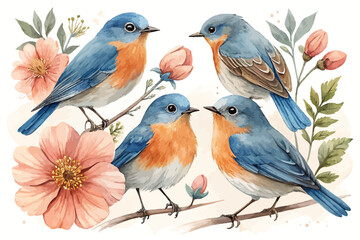 Fototapeta premium Watercolor painting of four bluebirds perched on branches surrounded by peach colored flowers art piece