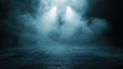 Dramatic stage with mysterious fog and spotlight illumination