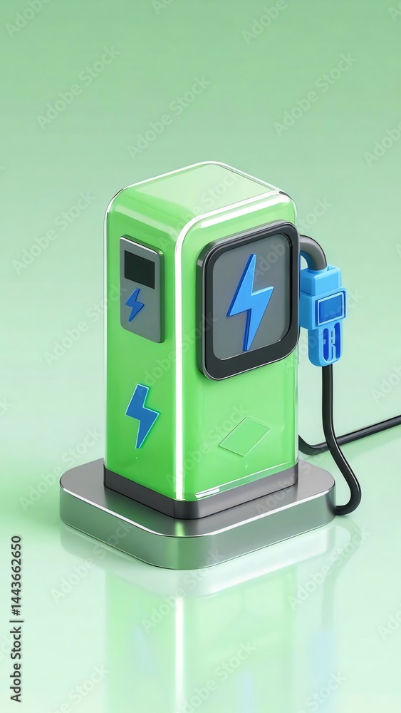 Poster 明るい緑色と青色の電気自動車充電ステーションの3dイラスト背景にクリーンなエネルギーのアイコン