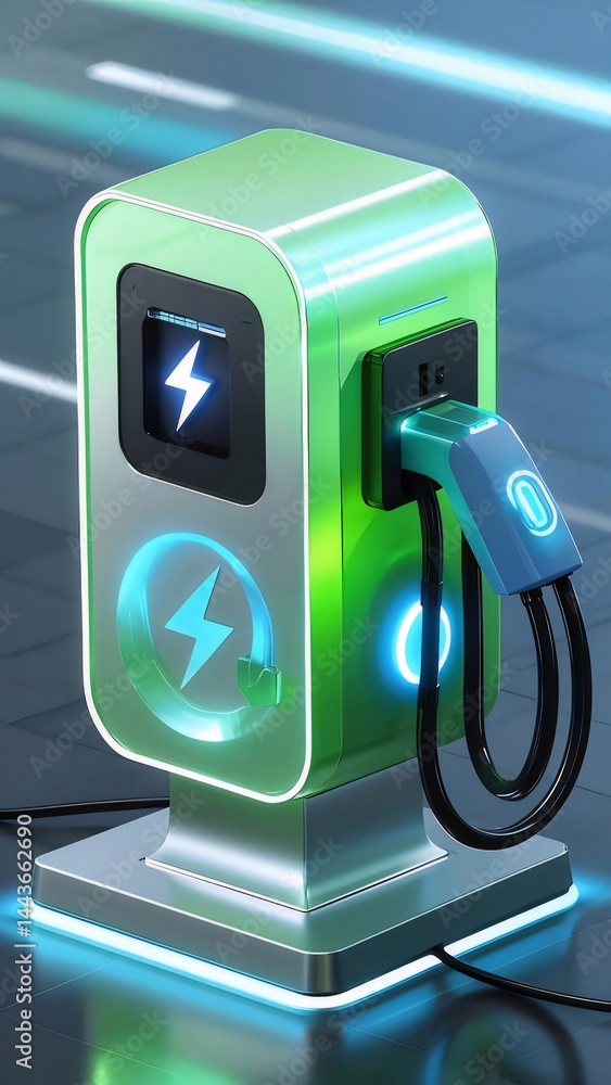 Poster 未来的な電気自動車充電ステーション 鮮やかな緑色と青色のアクセント 都市背景におけるデジタルデザイン