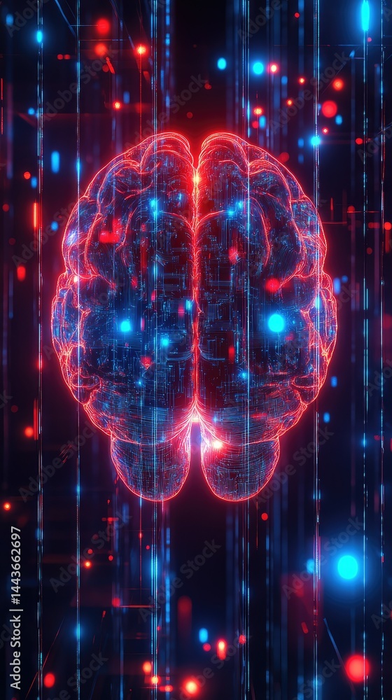 Aufkleber digital brain, neural network, glowing. abstract illustration of a human brain with glowing particle