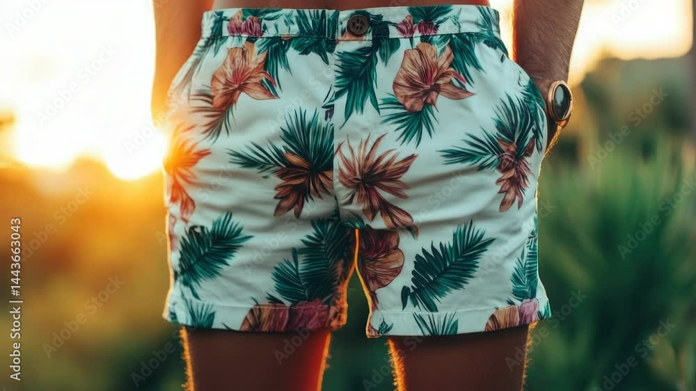 Poster a man wearing a bright and colorful pair of shorts with a tropical print design, suitable for summer