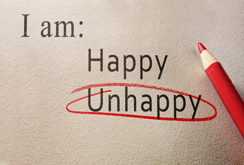 Happy and circled Unhappy text survey with red pencil on textured paper