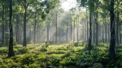 Obraz premium Scenic Sunny Morning Forest Background on White Isolated, Nature Landscape Artwork