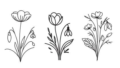 Minimal Flower Line Art Bundle, Hand-Drawn Wildflower Botanical Line,Spring Bloom Flower Thin Line Illustrations.