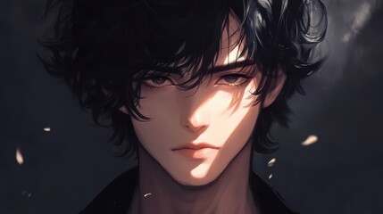 Male teen with dark hair in shadowy light with intense expression
