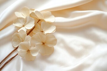 Delicate white plumeria flowers on creamy silk fabric. Mocha mousse color 2025. Elegant floral arrangement for wedding invitation, spa decor, or Mother's Day card background