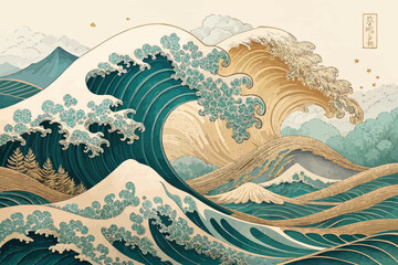 Illustration of large ocean waves with mountain scenery in a traditional japanese style art form
