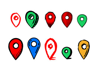 Hand drawn Map pins, doodle navigation, sign location. Set isolated on white background. 