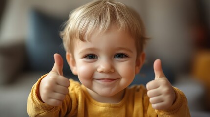 Cheerful caucasian toddler in yellow shirt giving thumbs up indoors