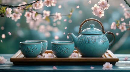 Teal tea set, cherry blossoms
