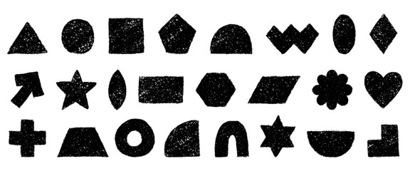 Charcoal texture figure set. Geometric shapes hand drawn with crayon. Silhouettes of black pencil textured primitive elements. Vector illustration isolated on a white background.