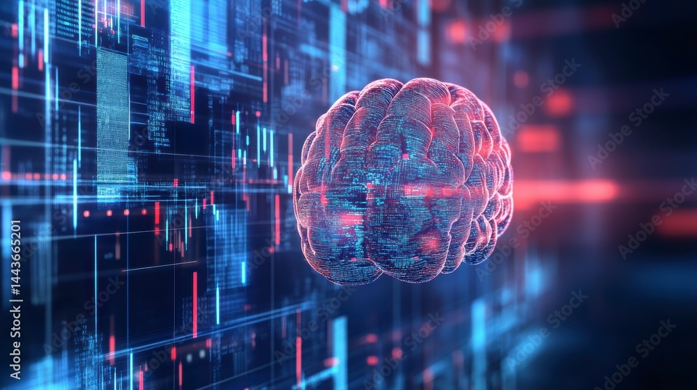 Poster abstract digital brain in futuristic data stream.