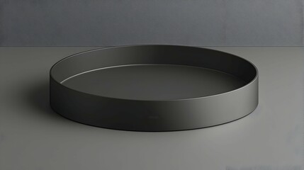 Black round tray on gray surface, minimalist studio shot, product presentation, background neutral