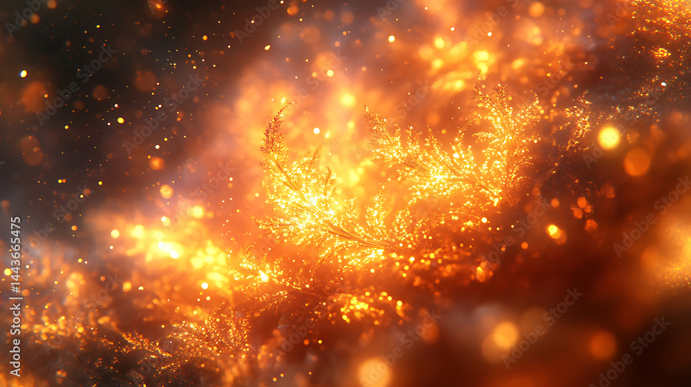 Poster abstract golden light sparkling fractal art with bokeh effect in warm orange and black tones for dig