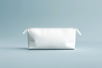 White cosmetic pouch on a neutral beige background. 