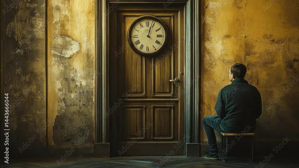 Poster a person sits on a bench in front of a door, possibly waiting or thinking