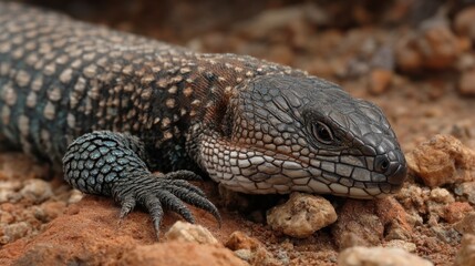 Fototapeta premium Close-up of a speckled girdle lizard on reddish-brown gravel