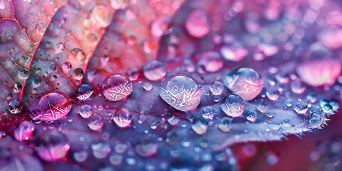 Rainbow Dewdrops, Prism on Leaves, Radiant Nature Droplets, Pink and Blue Glow, Shimmering Leaf Magic

