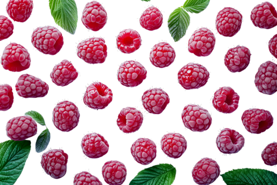 Pattern of frozen raspberries with green leaves, isolated on a transparent background.