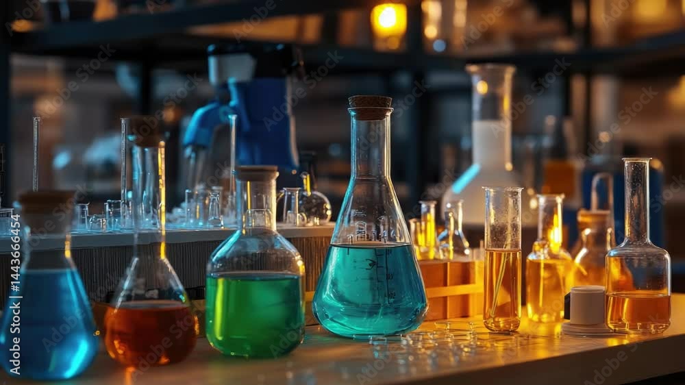 Poster a collection of laboratory flasks containing various colored liquids for chemical reactions and expe
