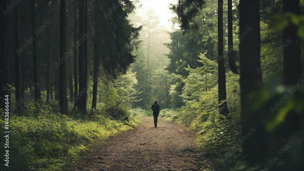 Poster a single person walking on a path in the woods, surrounded by trees and foliage