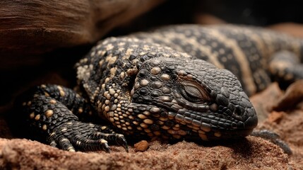 Sleeping Gila Monster Close-Up: Black, Yellow, & Brown Scales