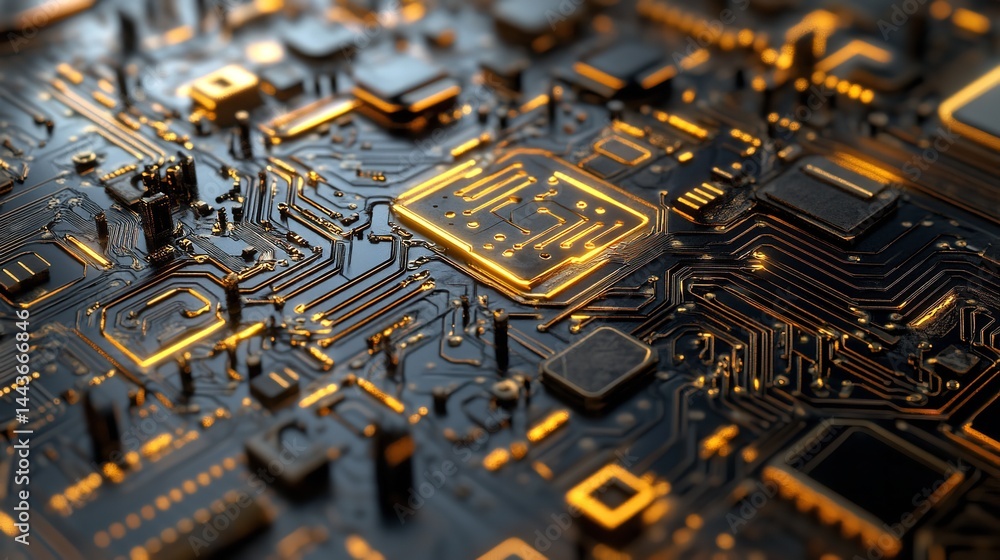 Poster abstract golden circuit board technology background digital art design pcb data dark chip black