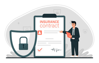 Insurance agent presenting insurance contract scene. Secure deal, trust, financial security, policy service, safety and protection concept. Agreement document. Flat isolated vector illustration.