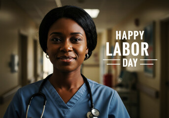 Happy Labor Day: Celebrating Healthcare Workers! A portrait of a smiling female nurse in a hospital hallway.  A tribute to dedication and service. Labor Day. May Day. Workers Day. Labour Day.