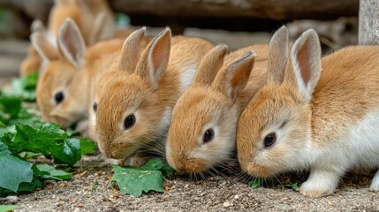 Adorable baby rabbits munching on greens.  Close-up of a group of five young, light brown bunnies,  feeding on fresh leaves