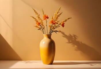 A bright yellow vase with a variety of flowers displayed on a table, adding a cheerful touch to the setting