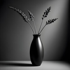 A black vase filled with various green plants, showcasing a modern and elegant design