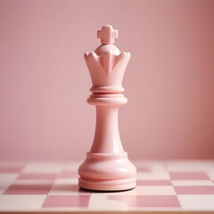 A pink chess piece stands prominently on a black and white checkered table