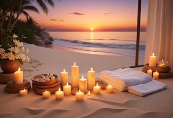Candles and neatly arranged towels on the beach, illuminated by the warm glow of a sunset in the background