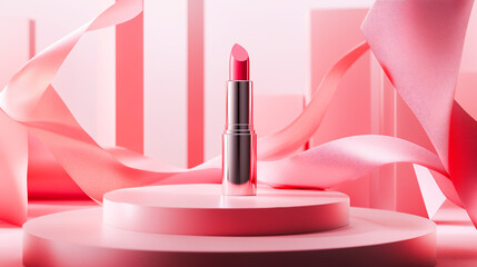 Pink lipstick standing upright on a round podium.